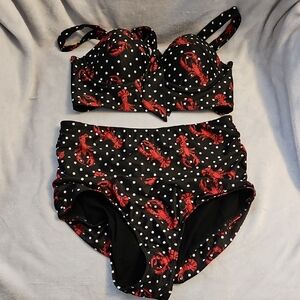 Collectif Black and White Polka Dot Bikini with Red Lobster Print